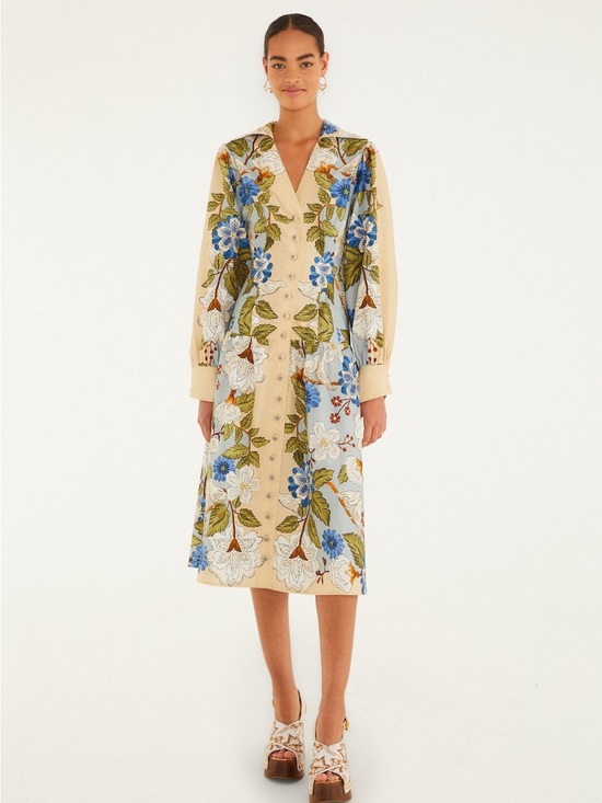 FARM Rio Dresses & Skirts - Farm Rio: GARDEN SCARF BLUE LONG SLEEVE MIDI DRESS